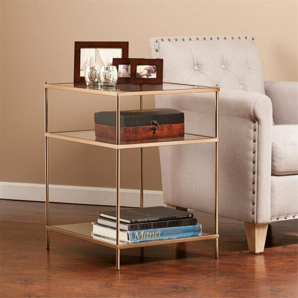 Homeroots 27 in. Glass & Iron Square Mirrored End Table with Shelf Gold 402479